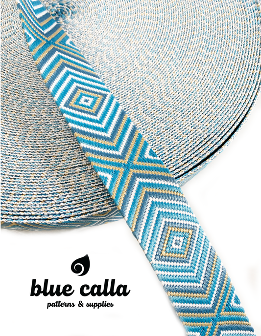 Diamond Stripe Jacquard Webbing - BLUES, BEIGE and WHITE - 1.5" wide