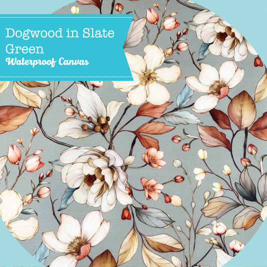 Printed Waterproof Canvas - Dogwood in Slate Green