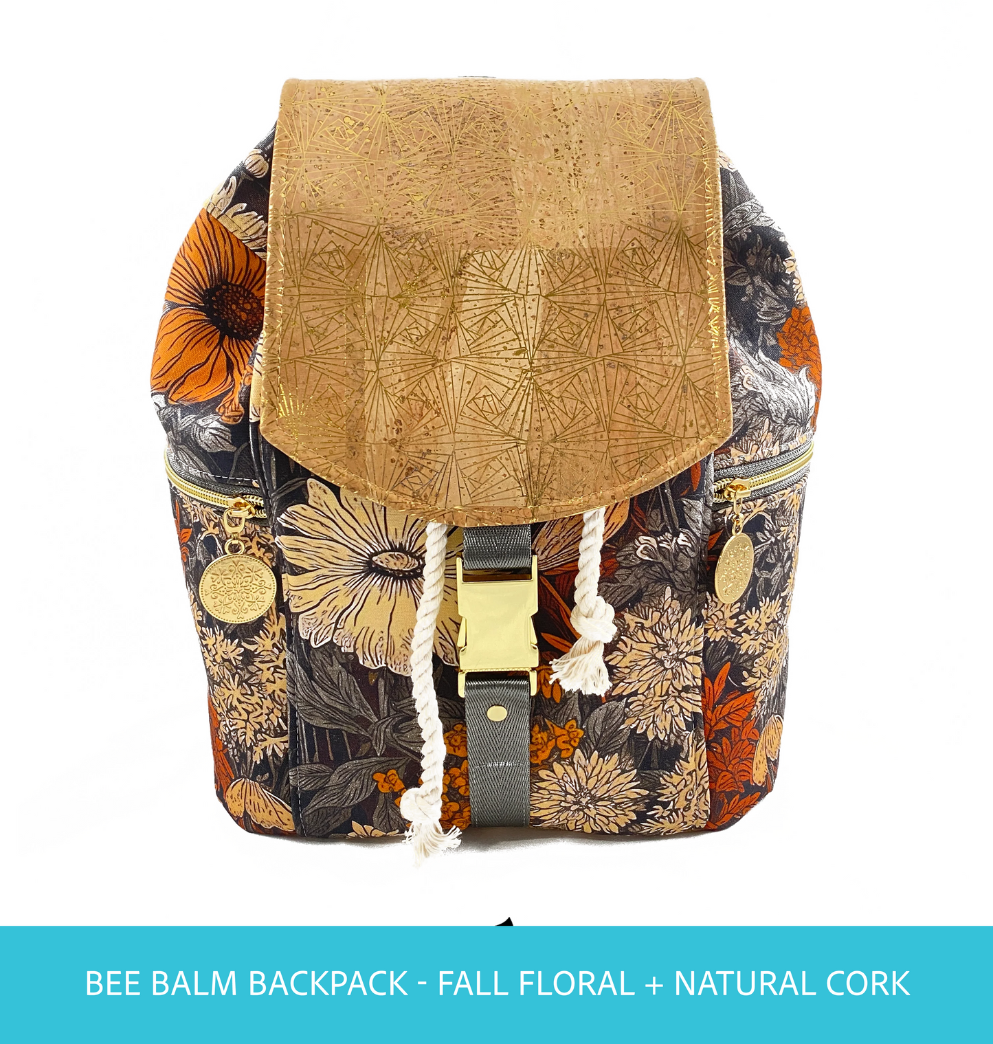 Drawstring Backpack with Fall floral on Charcoal with Natural Cork with gold accents