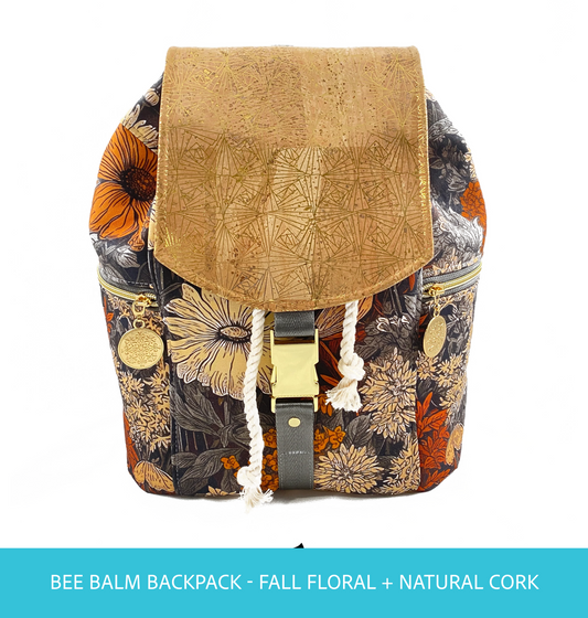 Drawstring Backpack with Fall floral on Charcoal with Natural Cork with gold accents