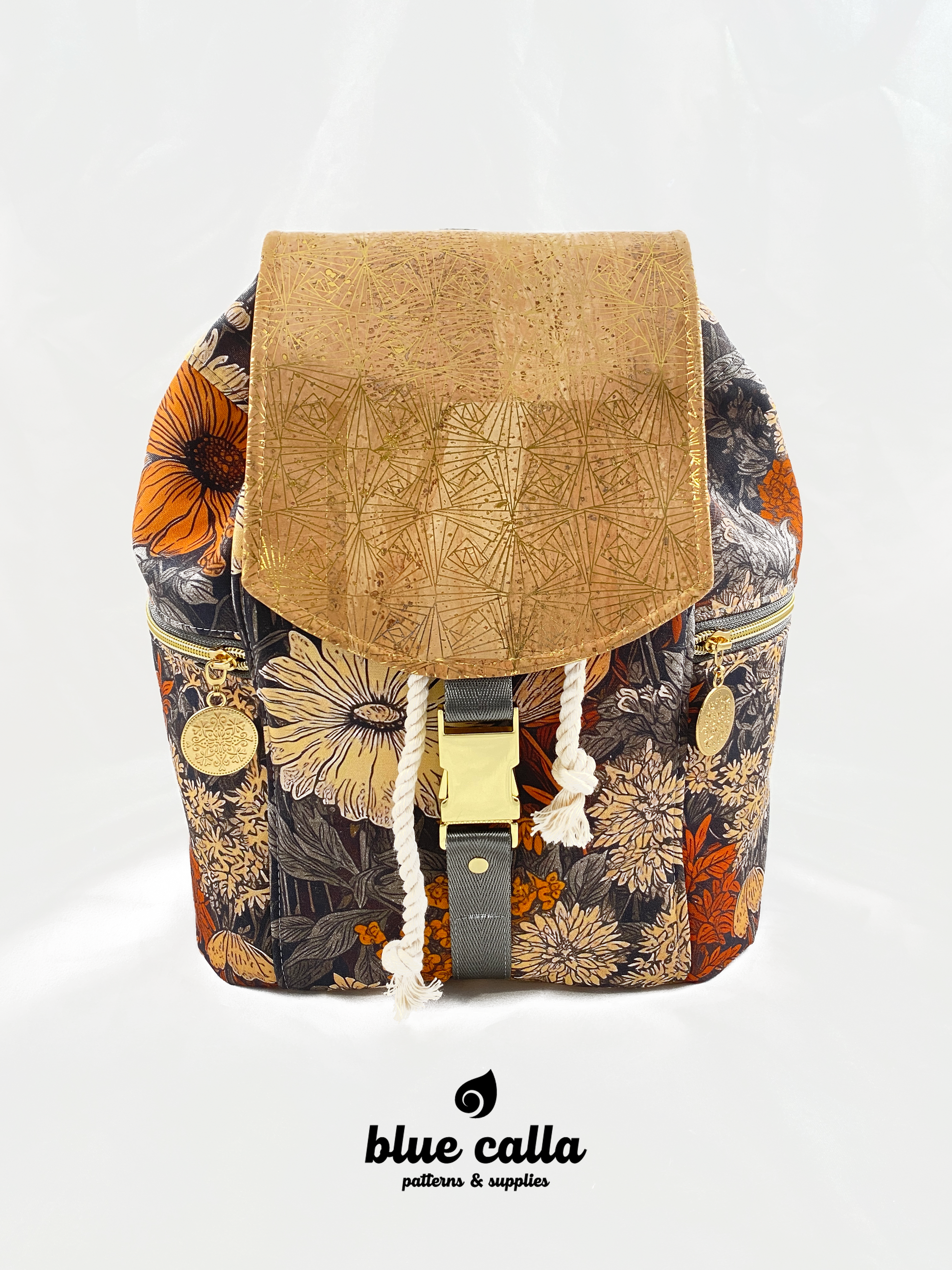 Drawstring Backpack with Fall floral on Charcoal with Natural Cork with gold accents