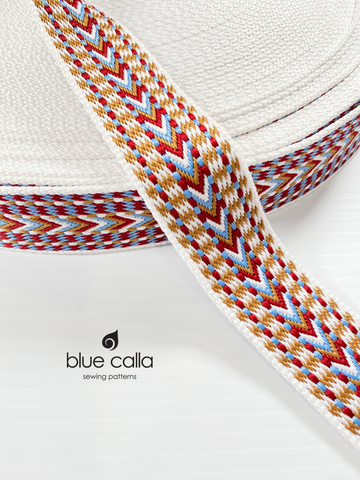 Multicoloured Jacquard Webbing - WHITE, RED, LIGHT BLUE, GOLD - 1.5" wide