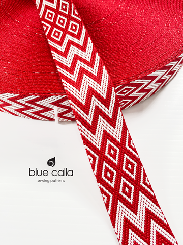 Diamond and Chevron Jacquard Webbing - RED AND WHITE - 1.5" wide