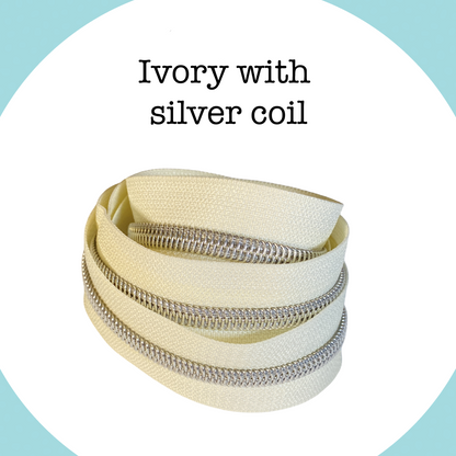 SILVER COIL - IVORY - #5 Metallic Nylon Coil Zipper tape