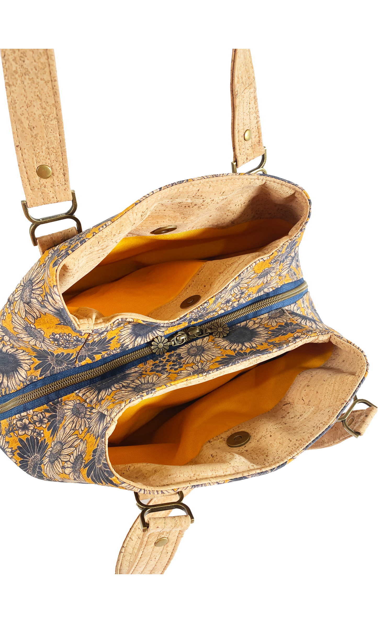 Lisianthus Handbag in Sunflowers in Navy with Natural Cork