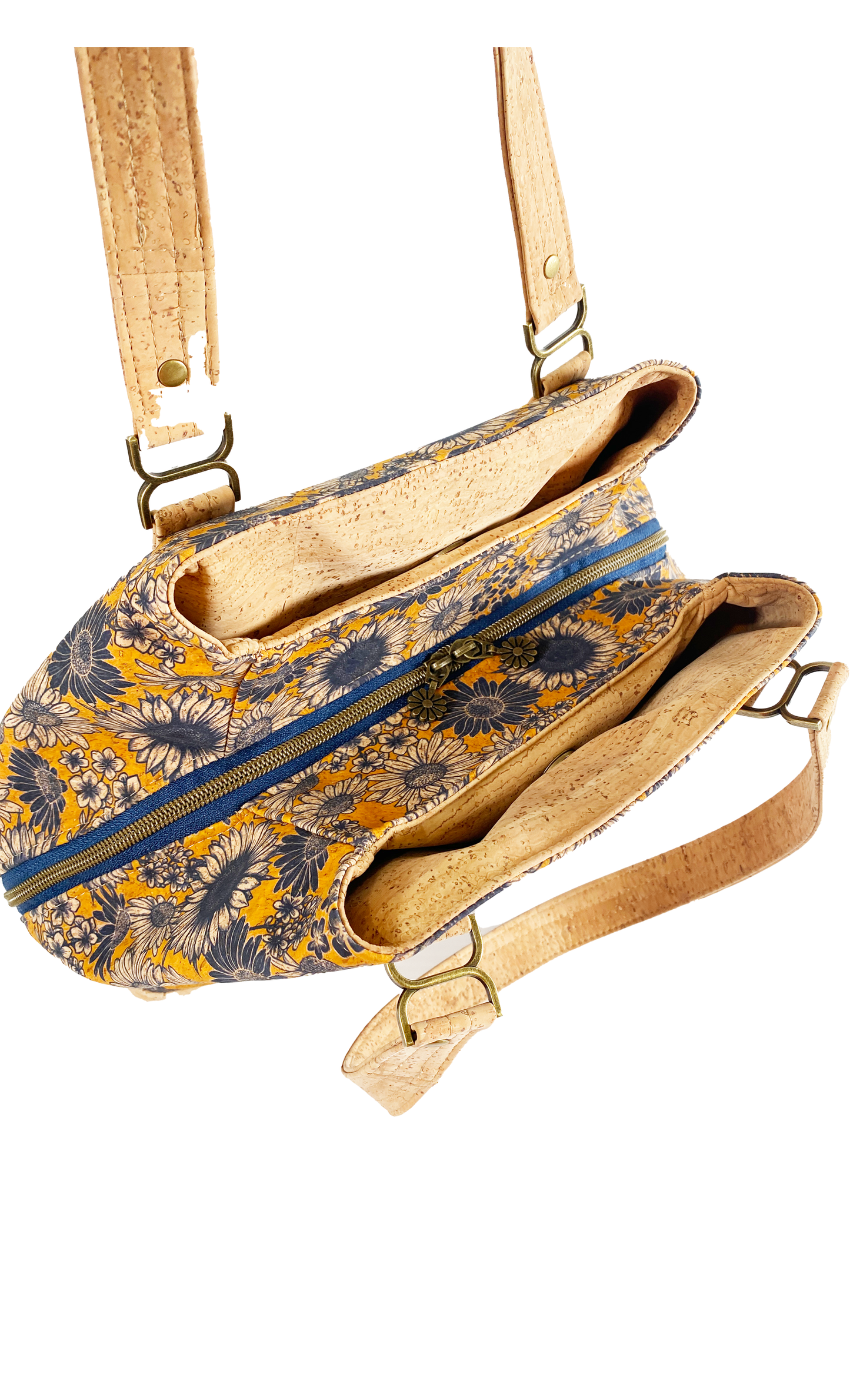 Lisianthus Handbag in Sunflowers in Navy with Natural Cork