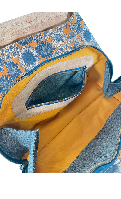 Lisianthus Handbag in Sunflowers in Navy with Natural Cork