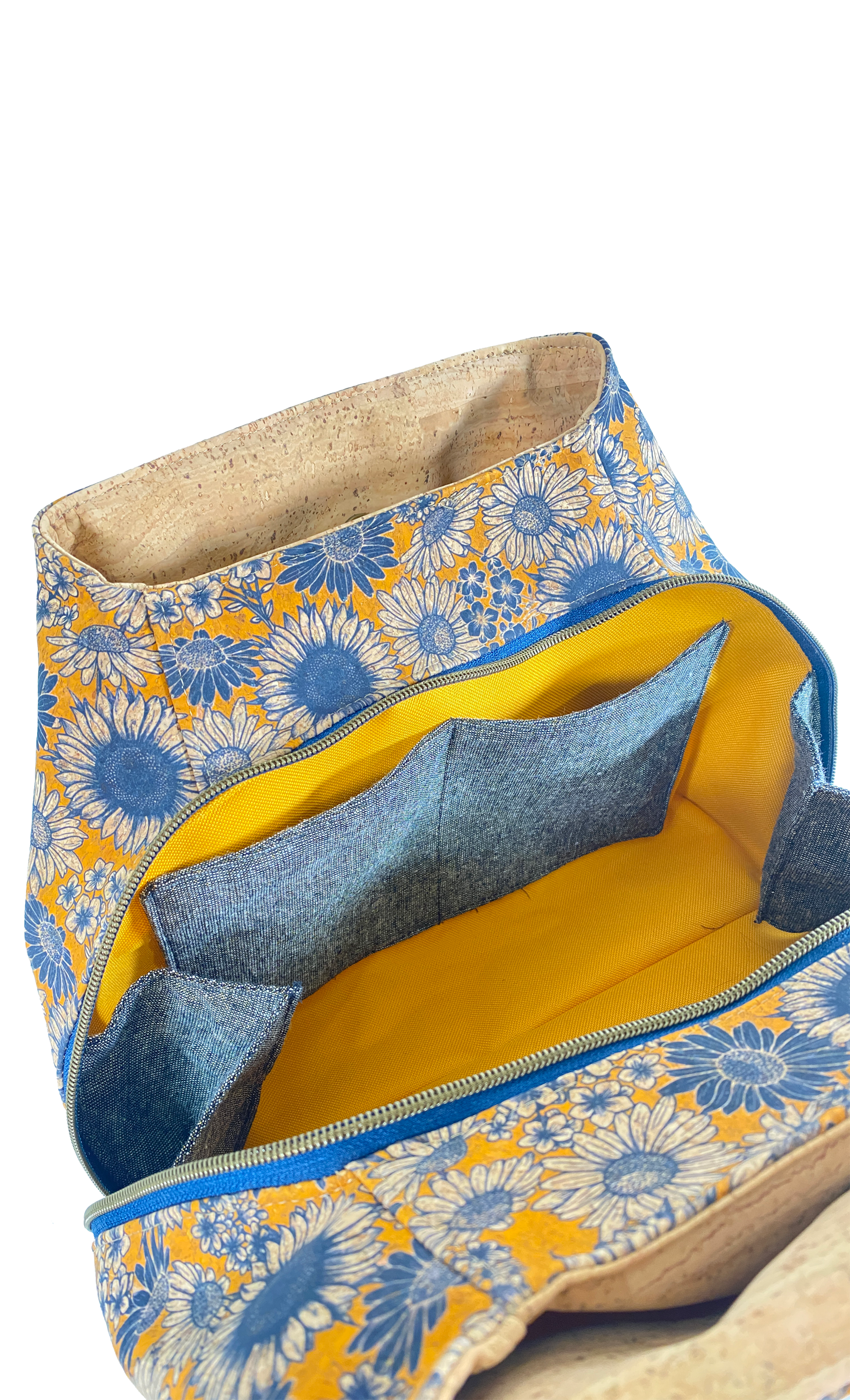 Lisianthus Handbag in Sunflowers in Navy with Natural Cork