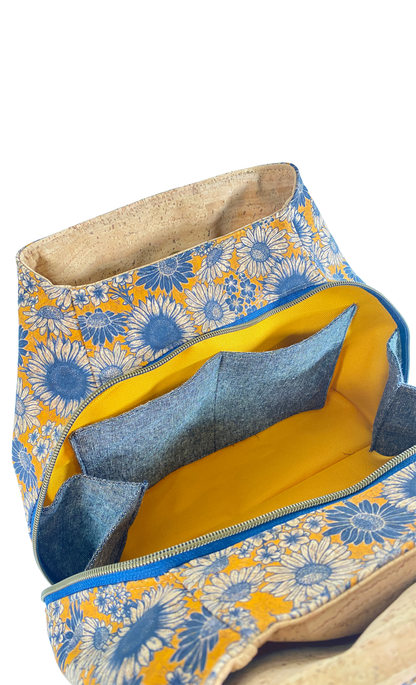 Lisianthus Handbag in Sunflowers in Navy with Natural Cork
