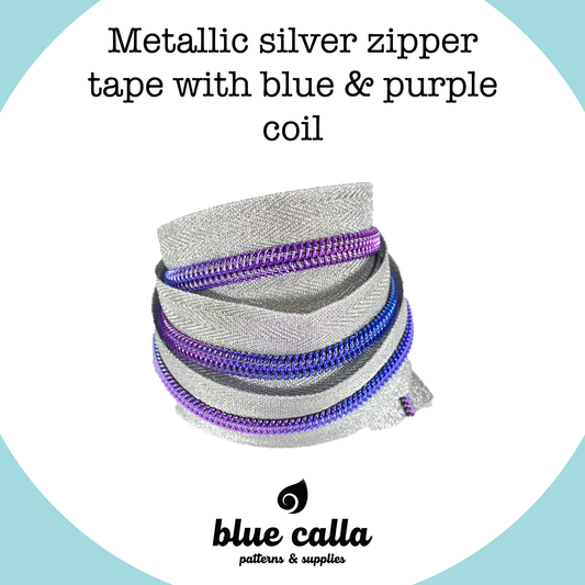 BLUE & PURPLE GRADIENT COIL - METALLIC SILVER - #5 Metallic Nylon Coil Zipper tape