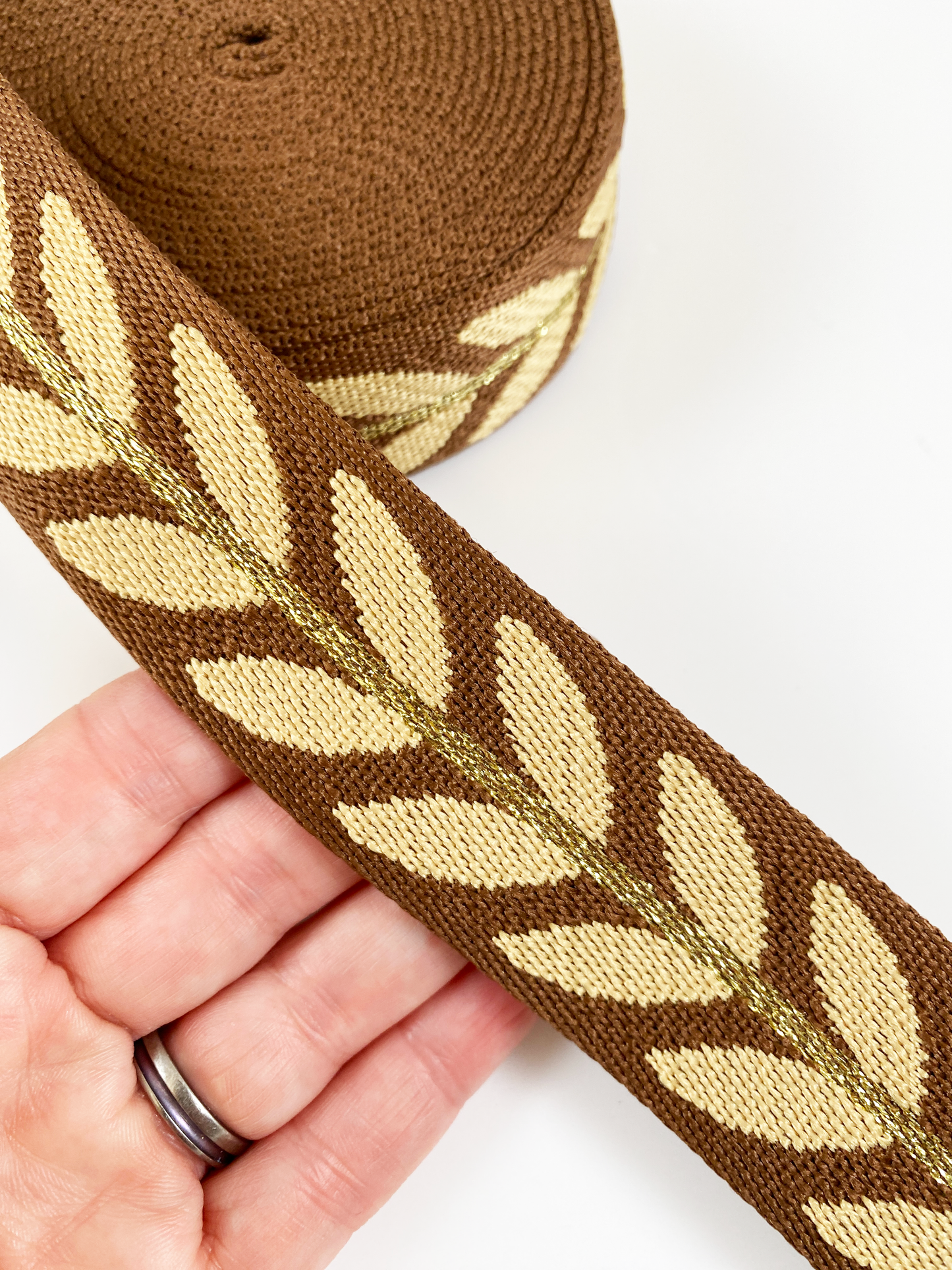 Metallic Vine Jacquard Webbing - Milk Chocolate - 1.5" wide