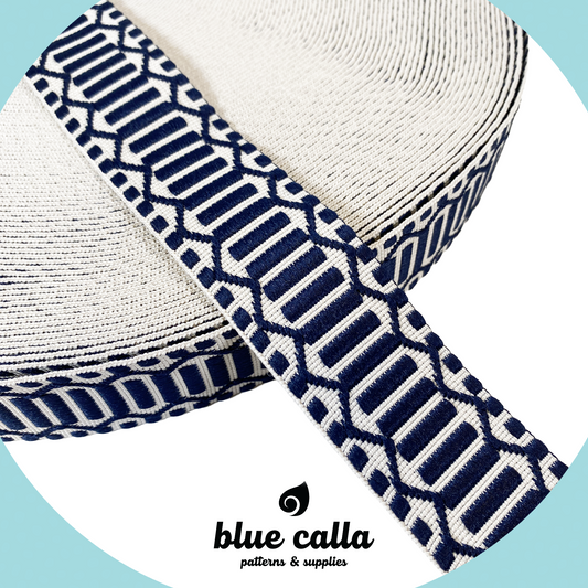 Trellis Jacquard Webbing - NAVY & IVORY - 1.5" wide