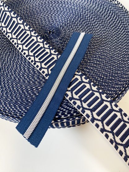 Trellis Jacquard Webbing - NAVY & IVORY - 1.5" wide