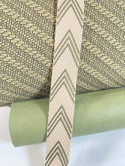 Jacquard Webbing - OLIVE AND IVORY HERRINGBONE - 1" wide