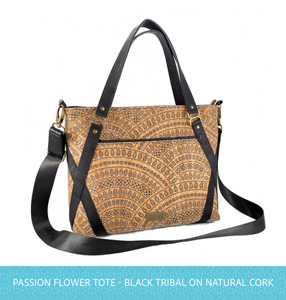 Passion Flower Tote - All Cork Exterior : Black and Natural
