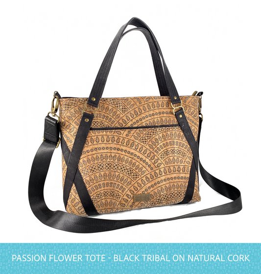 Passion Flower Tote - All Cork Exterior : Black and Natural