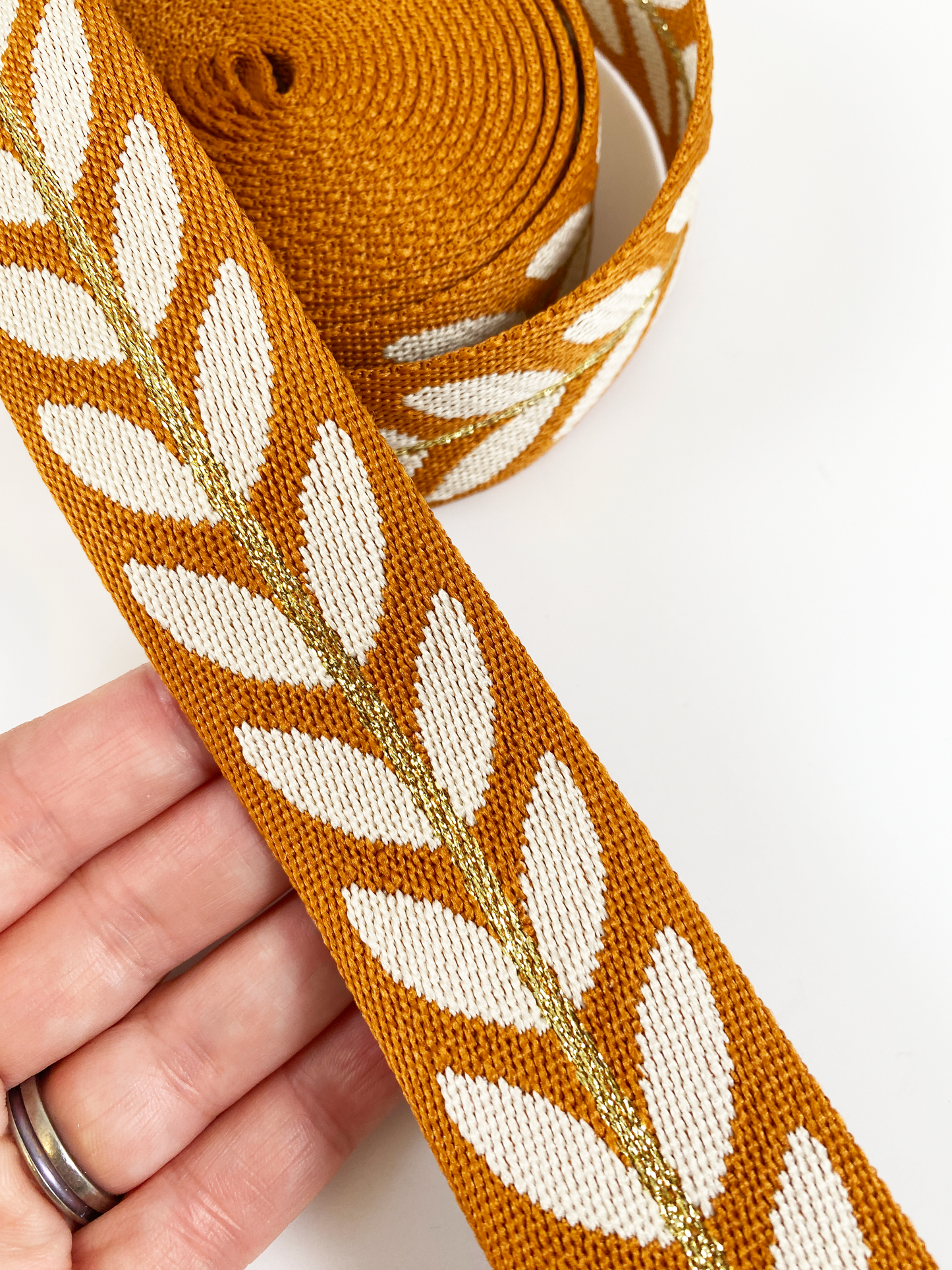 Metallic Vine Jacquard Webbing - Pumpkin - 1.5" wide