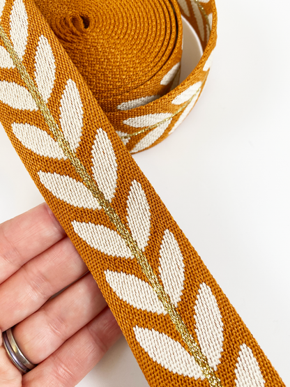 Metallic Vine Jacquard Webbing - Pumpkin - 1.5" wide