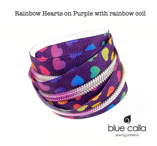 RAINBOW COIL - RAINBOW HEARTS ON PURPLE - #5 Metallic Nylon Coil Zipper tape