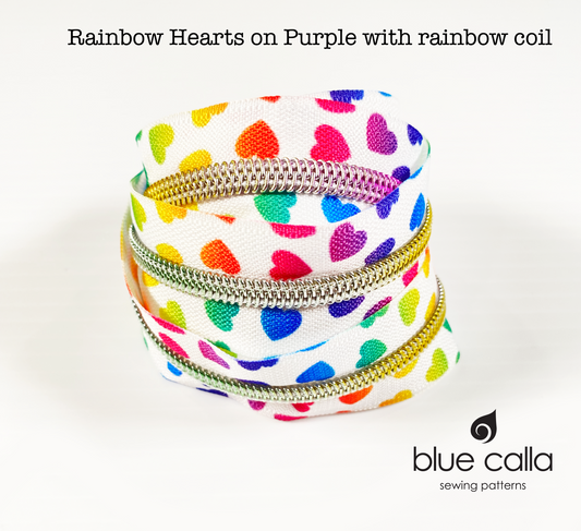 RAINBOW COIL - RAINBOW HEARTS ON WHITE - #5 Metallic Nylon Coil Zipper tape