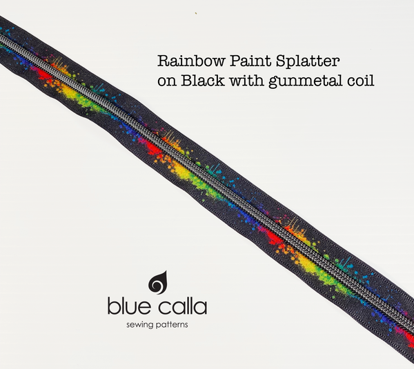 GUNMETAL COIL - RAINBOW PAINT SPLATTER - #5 Metallic Nylon Coil Zipper tape