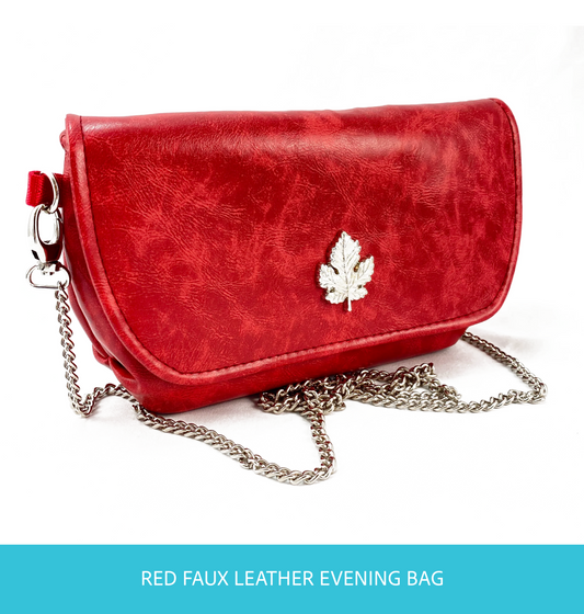 Evening bag in Red Faux Leather with maple leaf lock and chain strap