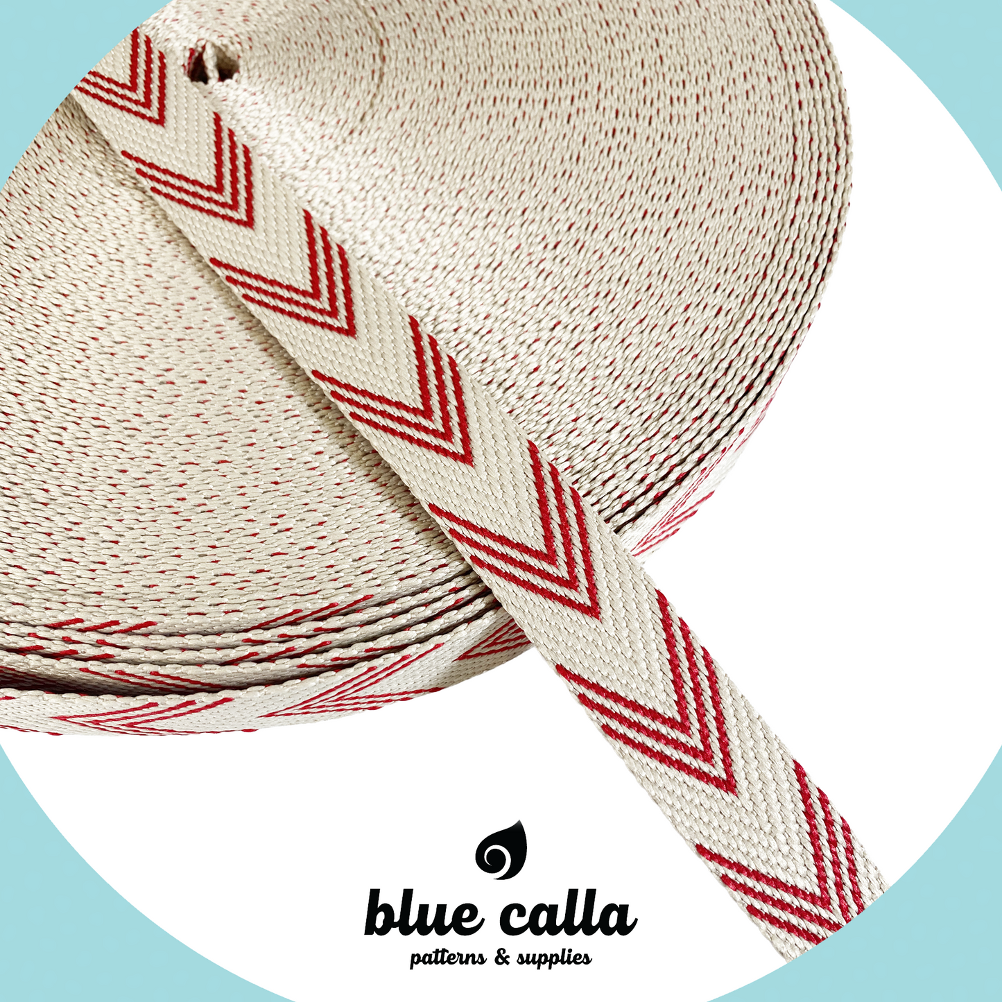 Jacquard Webbing - RED AND IVORY HERRINGBONE - 1" wide