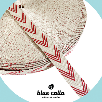 Jacquard Webbing - RED AND IVORY HERRINGBONE - 1" wide