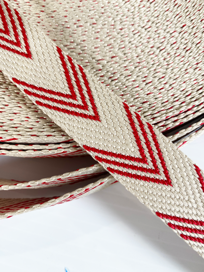Jacquard Webbing - RED AND IVORY HERRINGBONE - 1" wide