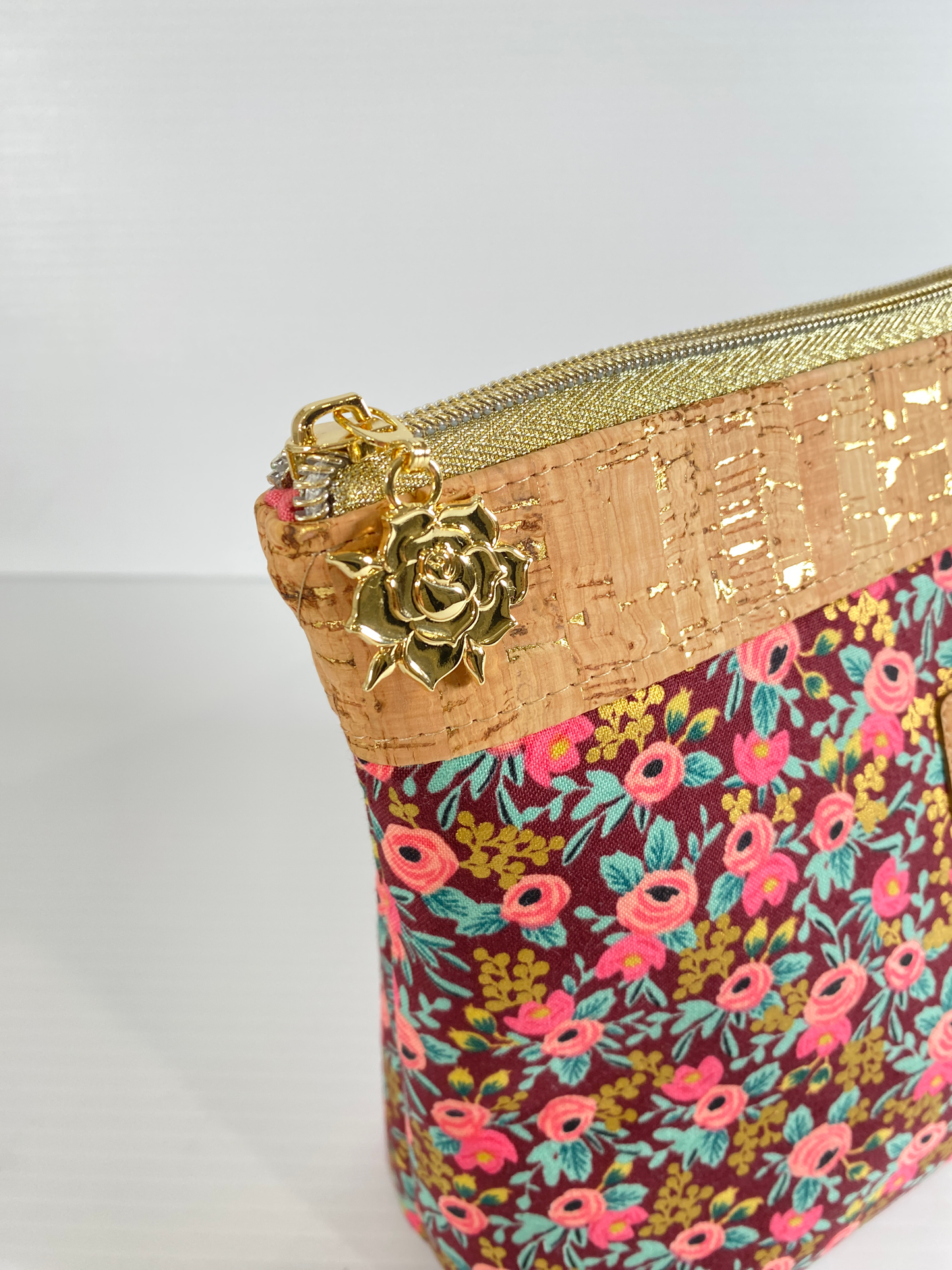 Zipper Pouch - Rifle Paper Floral with natural gold fleck cork