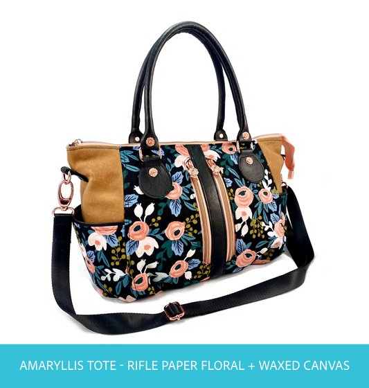 Amaryllis Tote in Rifle Paper Canvas Floral with Gold waxed canvas and black faux leather