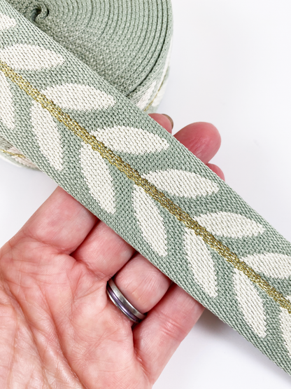 Metallic Vine Jacquard Webbing - Sage - 1.5" wide