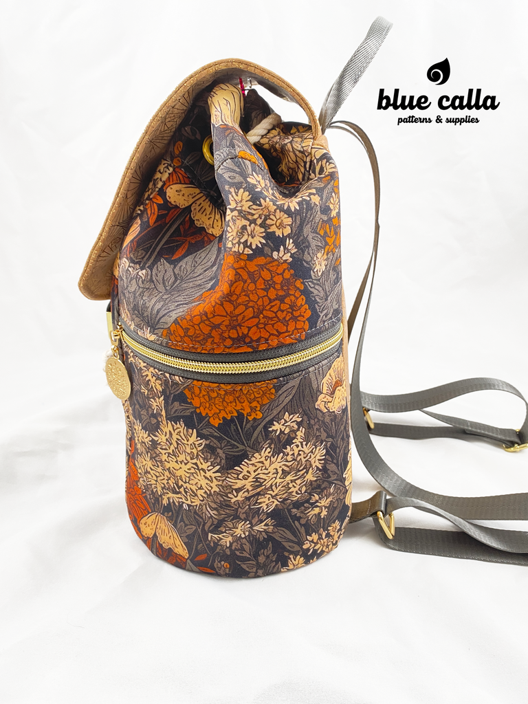 Drawstring Backpack with Fall floral on Charcoal with Natural Cork with gold accents