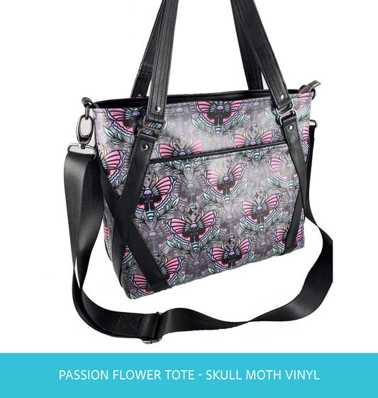 Passion Flower Tote - Skull Moth Vinyl on Grey