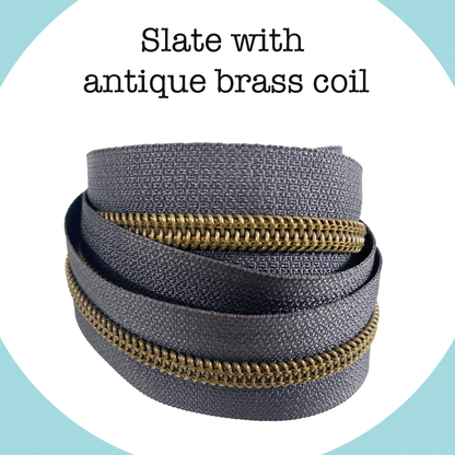 ANTIQUE BRASS COIL - SLATE - #5 Metallic Nylon Coil Zipper tape
