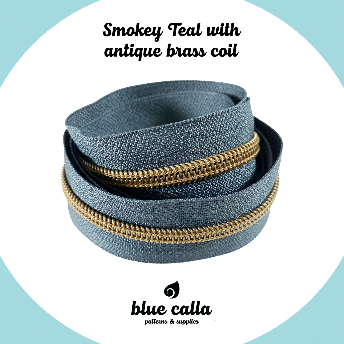 ANTIQUE BRASS COIL - SMOKEY TEAL - #5 Metallic Nylon Coil Zipper tape