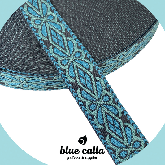 Diamond Floral Jacquard Webbing - TEAL & GREEN - 1.5" wide
