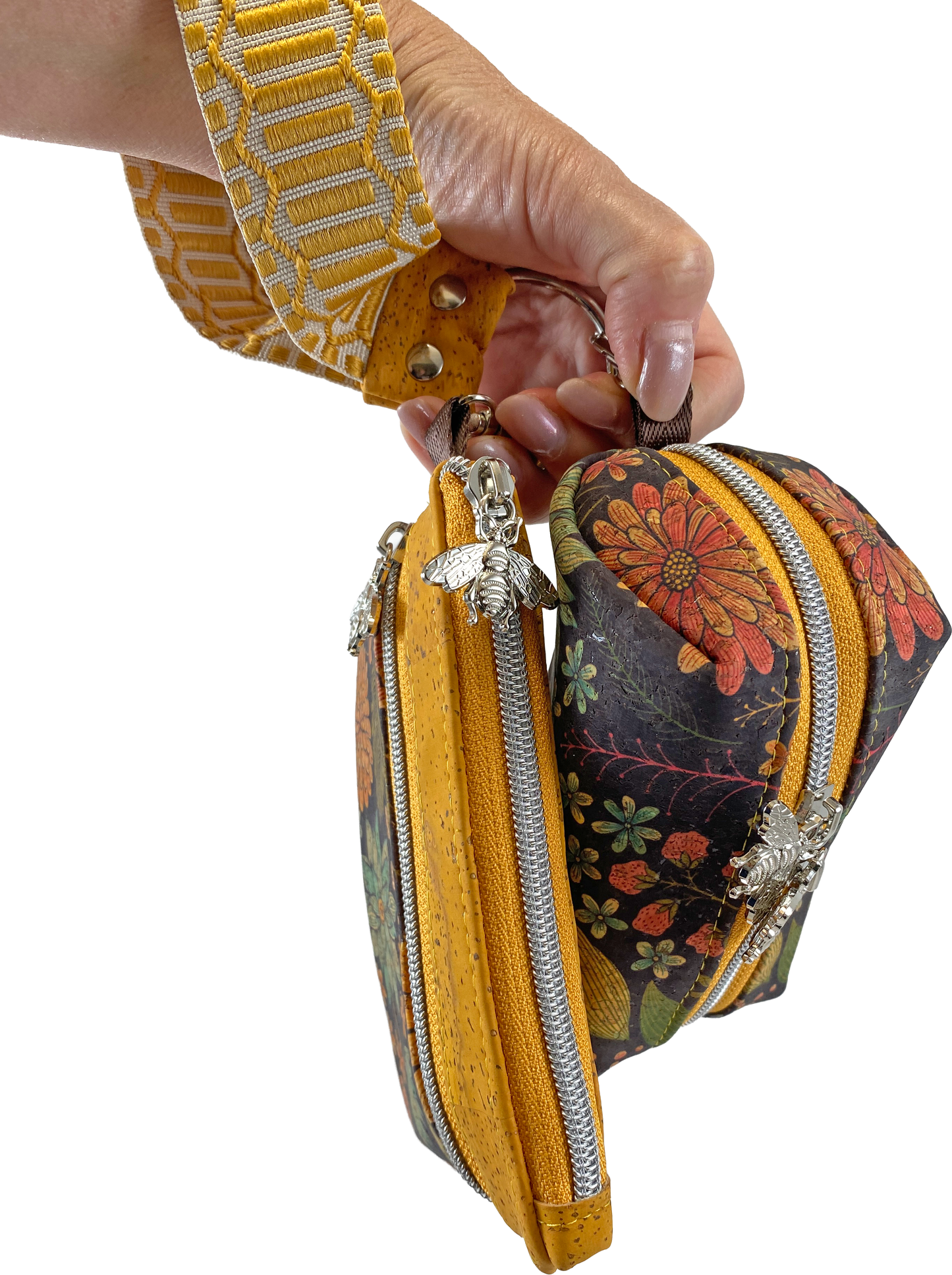 Duo Pouch Wristlet : Mustard Floral Cork