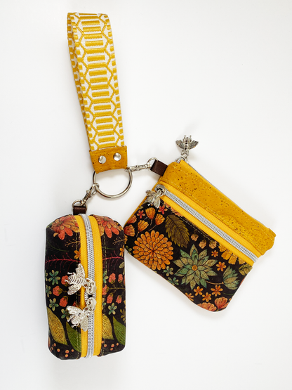 Duo Pouch Wristlet : Mustard Floral Cork