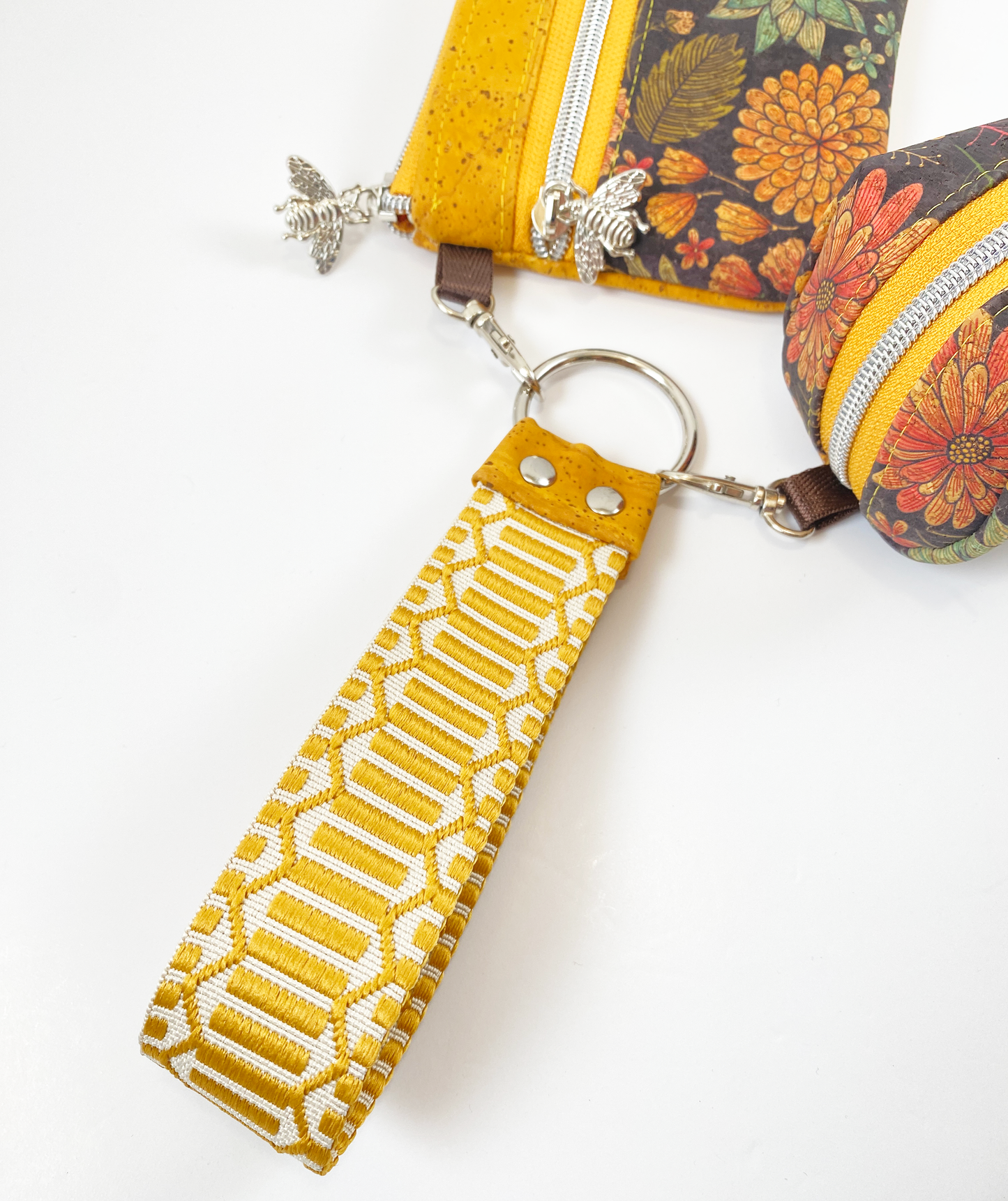 Duo Pouch Wristlet : Mustard Floral Cork
