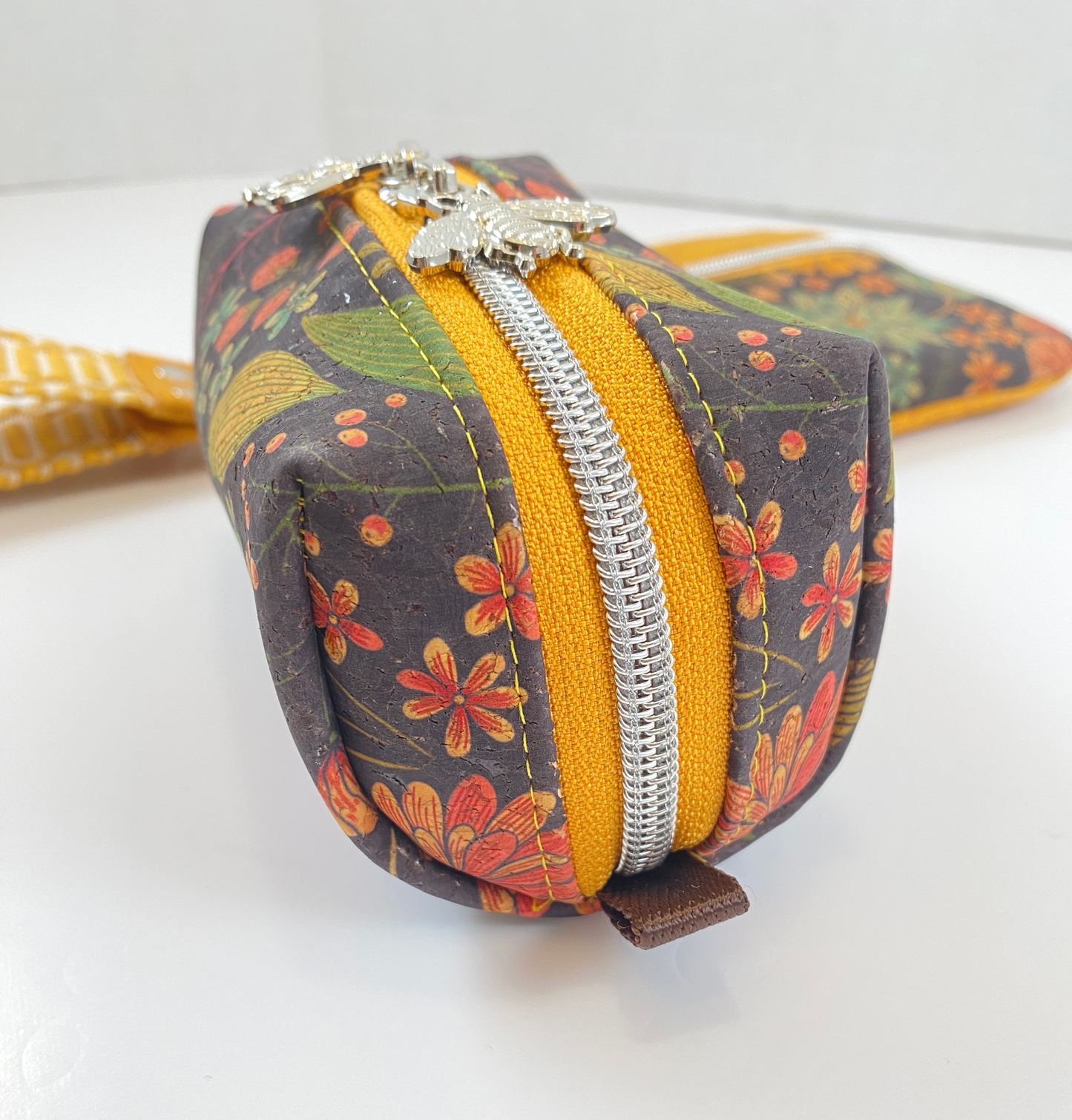 Duo Pouch Wristlet : Mustard Floral Cork