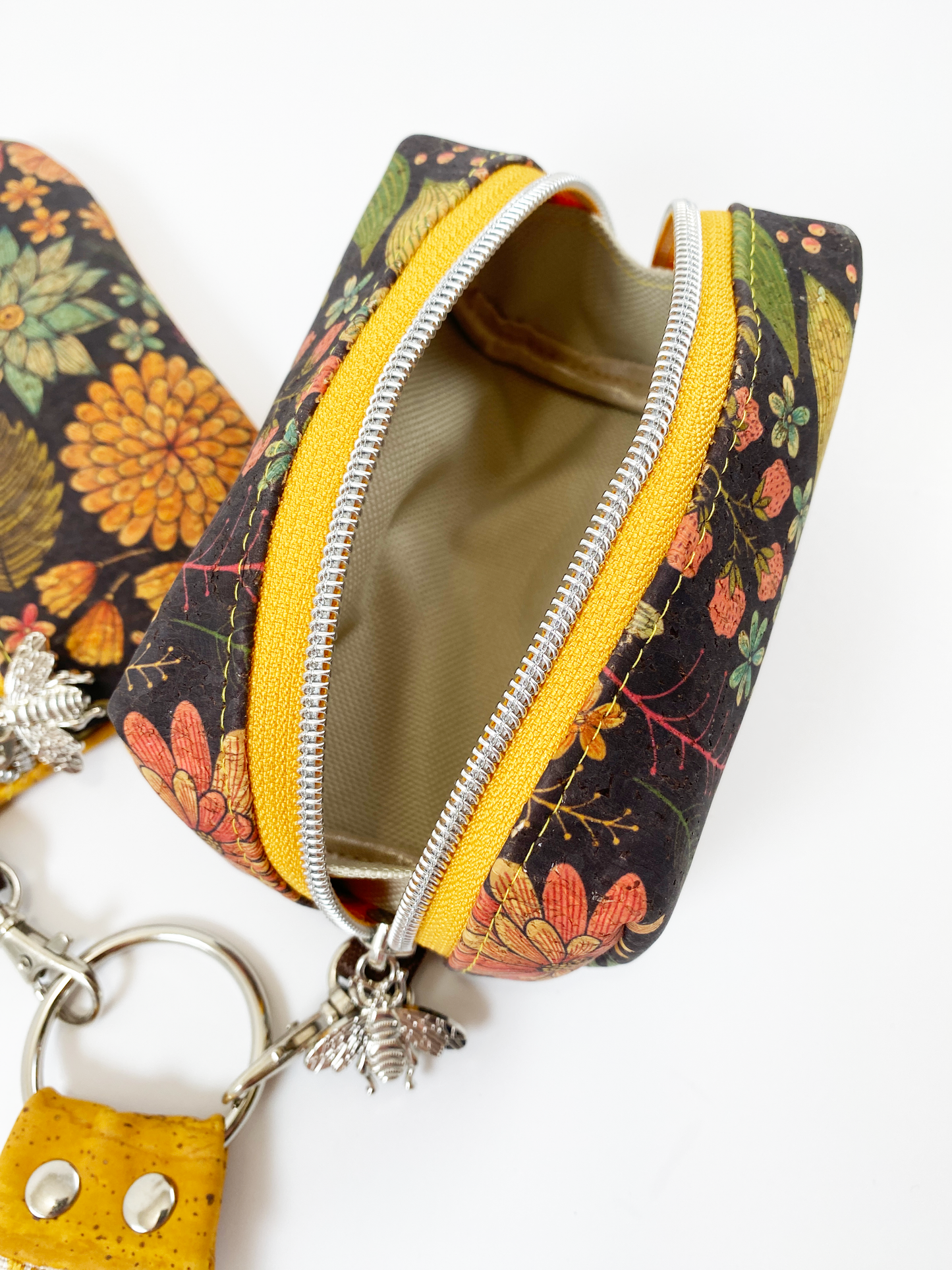 Duo Pouch Wristlet : Mustard Floral Cork