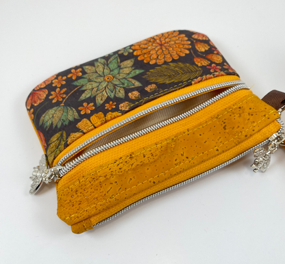 Duo Pouch Wristlet : Mustard Floral Cork