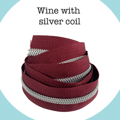 SILVER COIL - WINE - #5 Metallic Nylon Coil Zipper tape