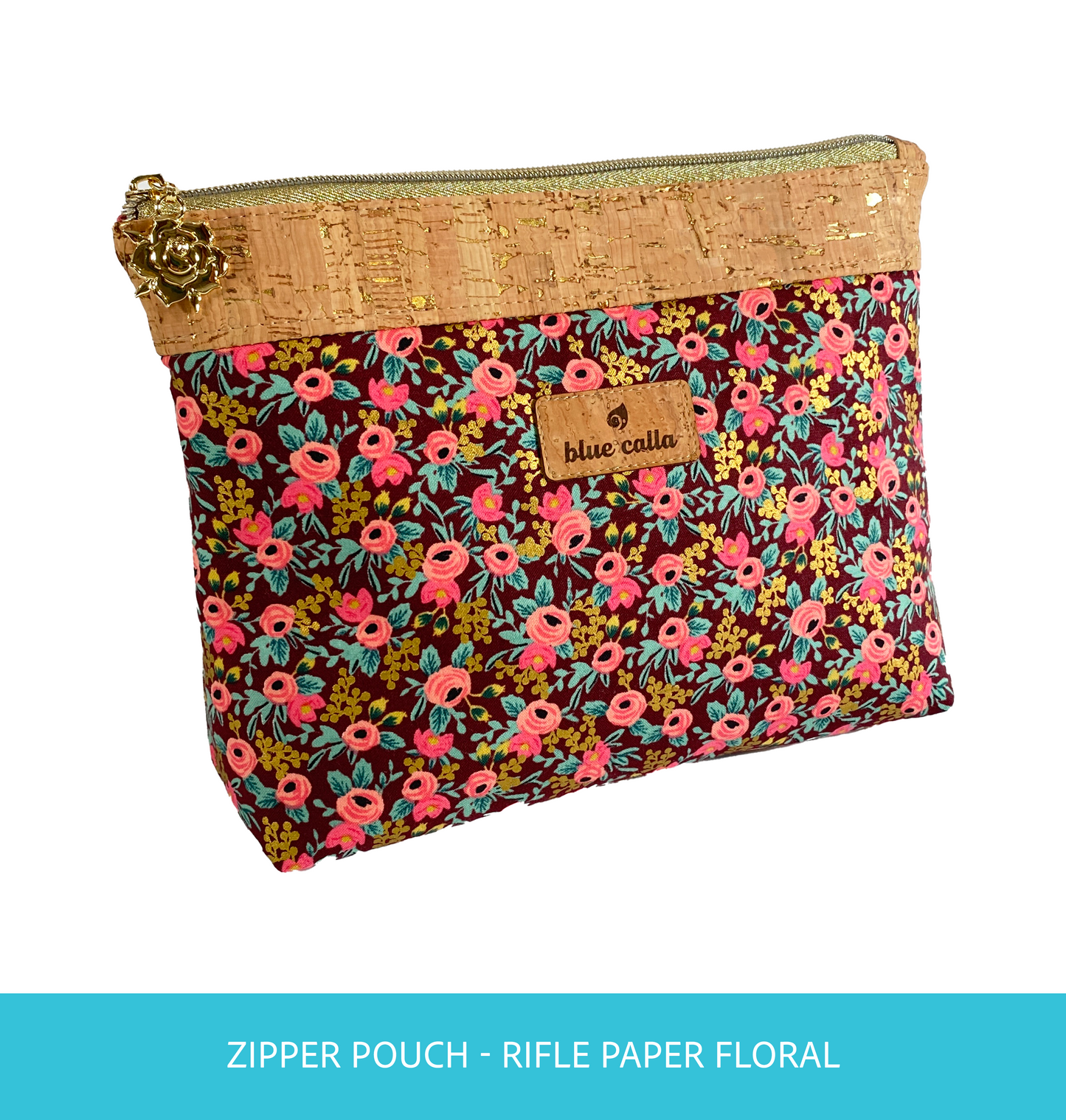 Zipper Pouch - Rifle Paper Floral with natural gold fleck cork