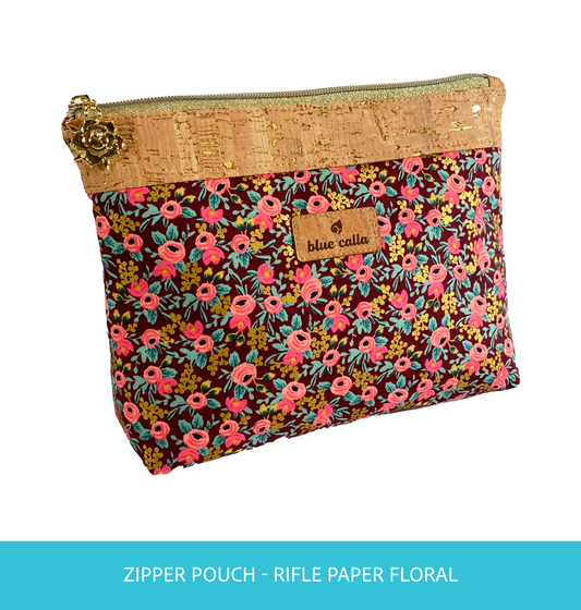 Zipper Pouch - Rifle Paper Floral with natural gold fleck cork