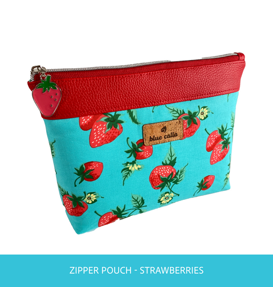 Zipper Pouch - Strawberries on Aqua with red faux leather