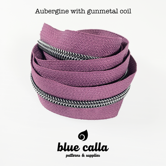 GUNMETAL COIL - AUBERGINE - #5 Metallic Nylon Coil Zipper tape