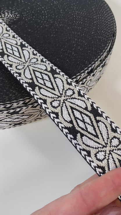 Diamond Floral Jacquard Webbing - BLACK & IVORY - 1.5" wide