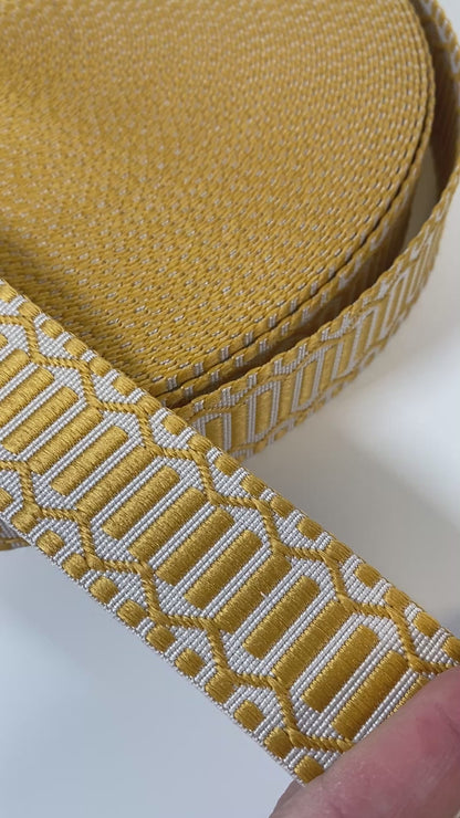 Trellis Jacquard Webbing - GOLD & IVORY - 1.5" wide
